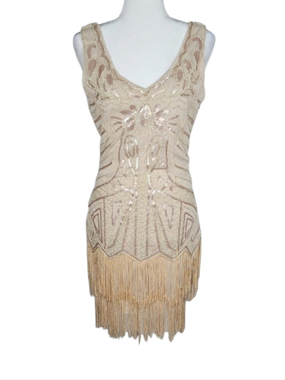 Beaded Fringe V-Neck Cocktail Dress in Champagne Flapper 20s-Style Retro, Size S